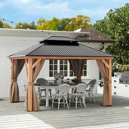 11x13 Wood Gazebo With Durable Outdoor Galvanized Steel Roof Netting