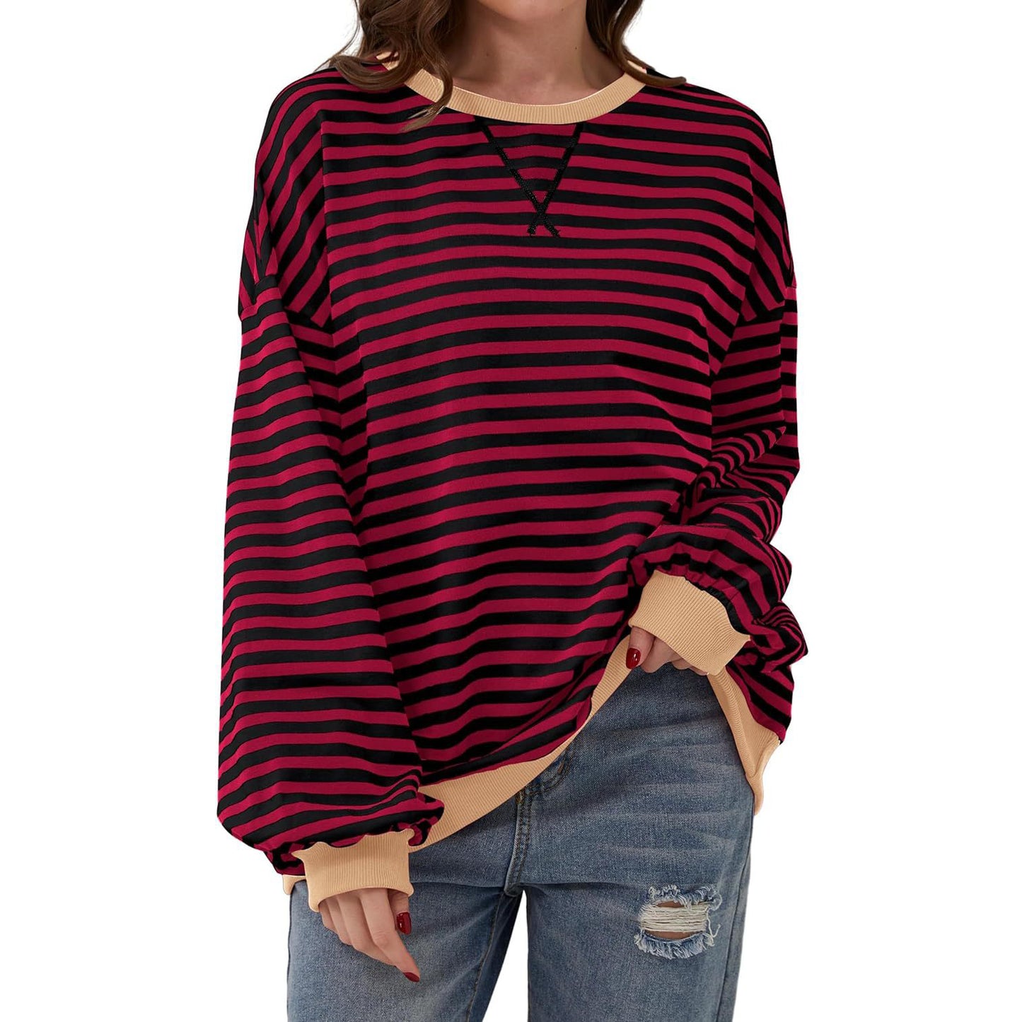 T-shirt ample à manches longues rayé, pull décontracté pour vêtements pour femmes