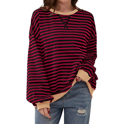 T-shirt ample à manches longues rayé, pull décontracté pour vêtements pour femmes