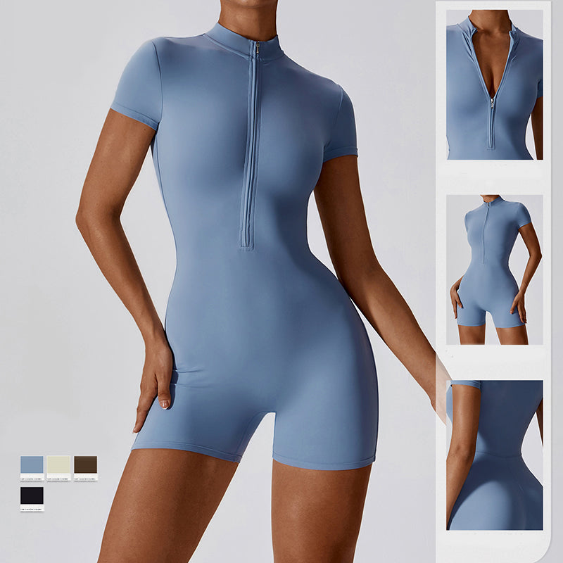 Combinaison de yoga zippée à manches courtes pour femme