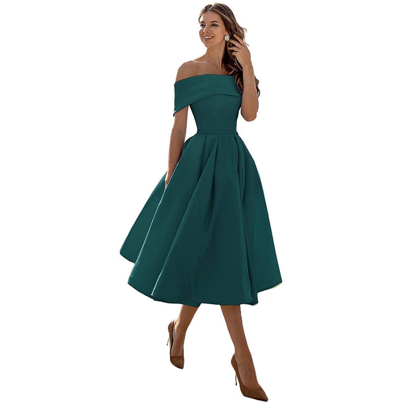 Robe de Soirée Formelle en Satin pour Femme sans Bretelles, Coupe Décontractée, Longueur Thé, Épaules Dénudées, avec Poches