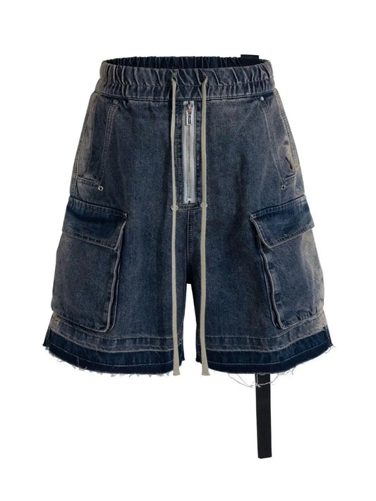 Mens cargo denim shorts with drawstring waistband, front zipper, and cargo pockets.