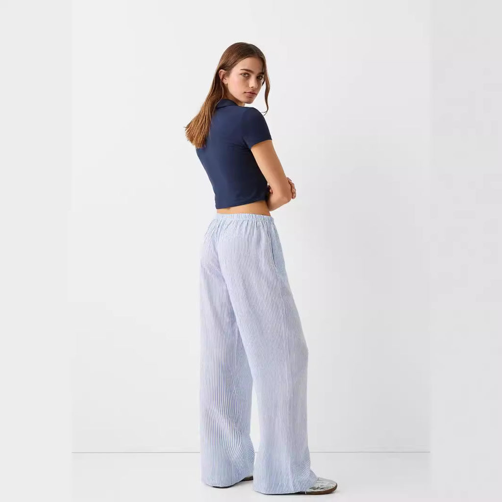 Pantalon large décontracté à rayures, taille élastique et confortable pour femme
