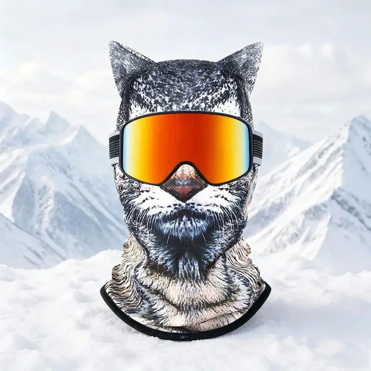 Realistic winter ski balaclava with orange mirrored goggles on snowy mountain backdrop