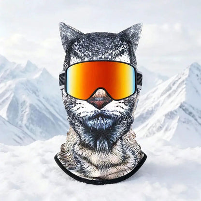 Realistic winter ski balaclava with orange mirrored goggles on snowy mountain backdrop