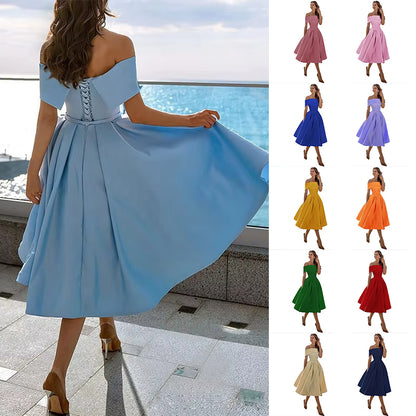 Robe de Soirée Formelle en Satin pour Femme sans Bretelles, Coupe Décontractée, Longueur Thé, Épaules Dénudées, avec Poches