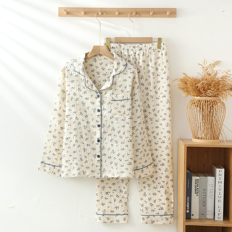 Thin Pure Cotton Double-layer Gauze Lapel Women's Pajamas And Leisure Wear Suit