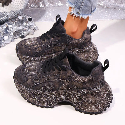 Womens stylish height-increasing thick-soled sneakers, a pair by AdTec, black rhinestone-studded upper.