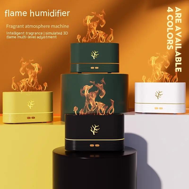 Flame humidifier USB aroma diffuser in four colors (yellow, black, green, white) with LED accents