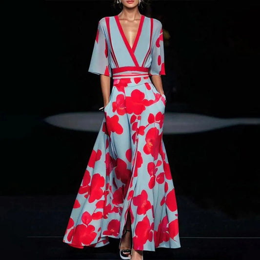 Robe d'été col en V fendue à manches courtes avec imprimé floral, coupe trapèze, longues robes de soirée, club, plage pour femmes