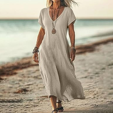Robe ample unie en coton et lin à col en V