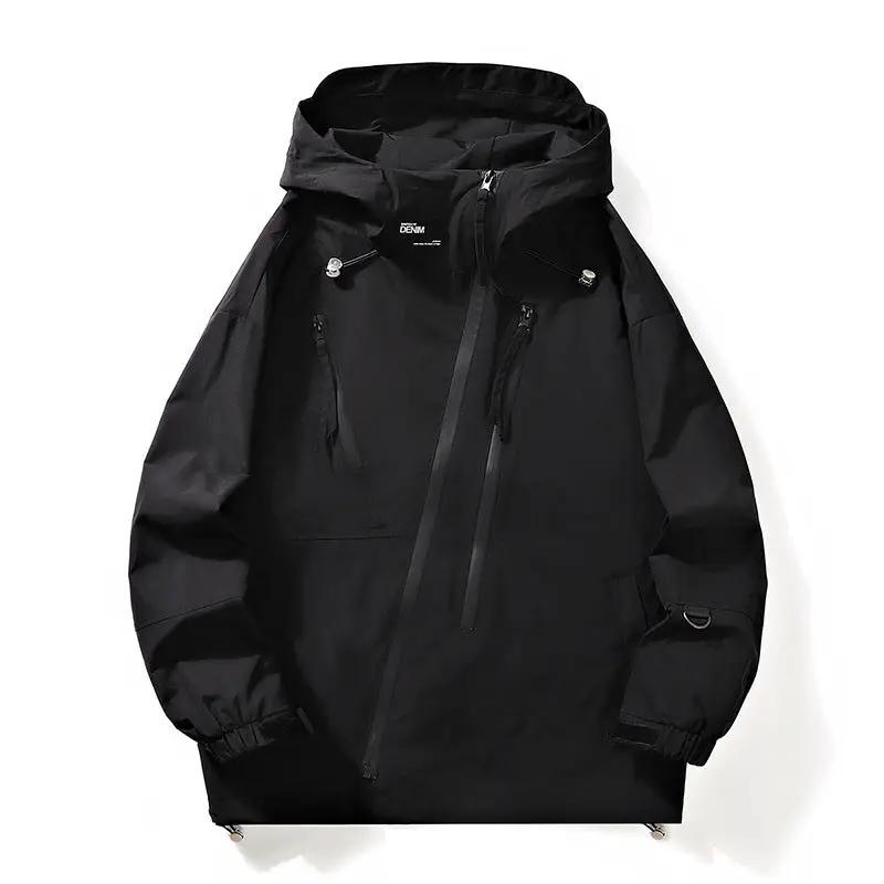 Men's workwear jacket AdTec in black with hood, diagonal zipper and chest pockets