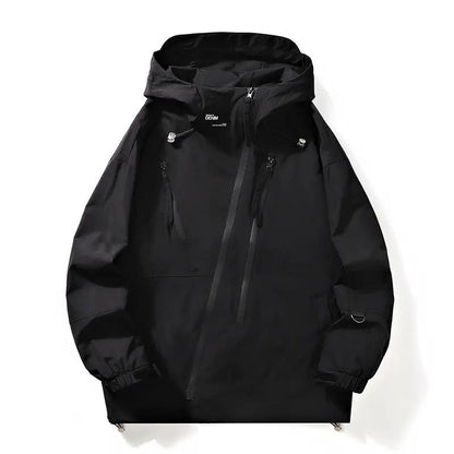 Men's workwear jacket AdTec in black with hood, diagonal zipper and chest pockets