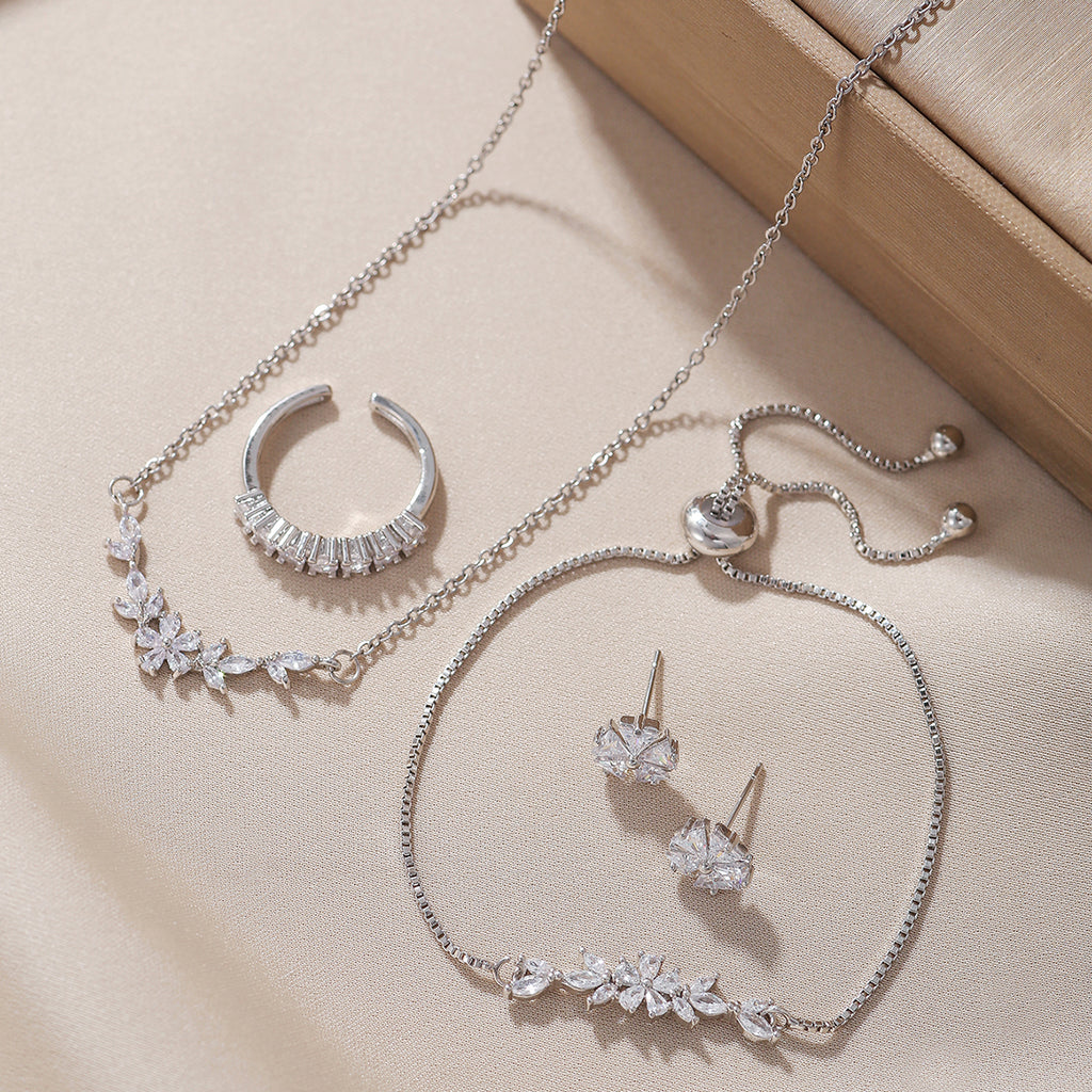Sencillo y Elegante Conjunto de Joyas con Circonita Incrustada, Collar de Flores Plateado, Exquisitos Pendientes, Pulsera y Anillo, Adecuado para el Uso Diario y Festivo de la Mujer