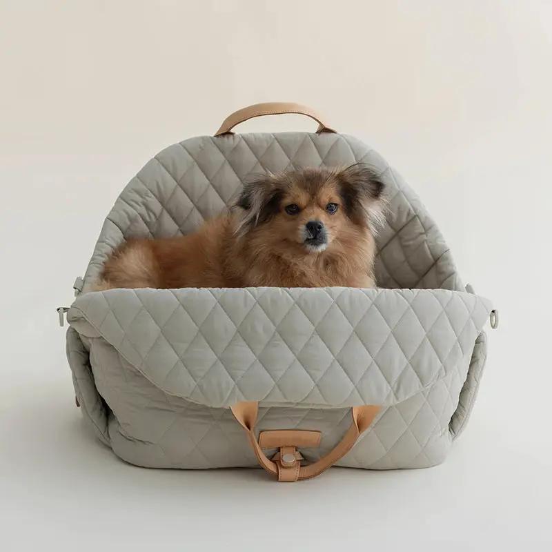 Pet handbag carrier, gray quilted with tan accents, AdTec.
