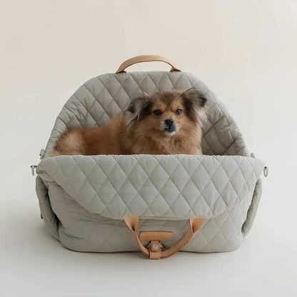 Pet handbag carrier, gray quilted with tan accents, AdTec.