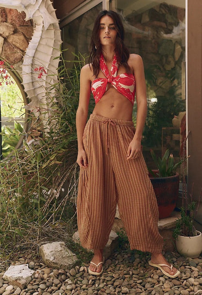 Striped Straight-leg Pants Elastic Waist Cropped Pleated Pants