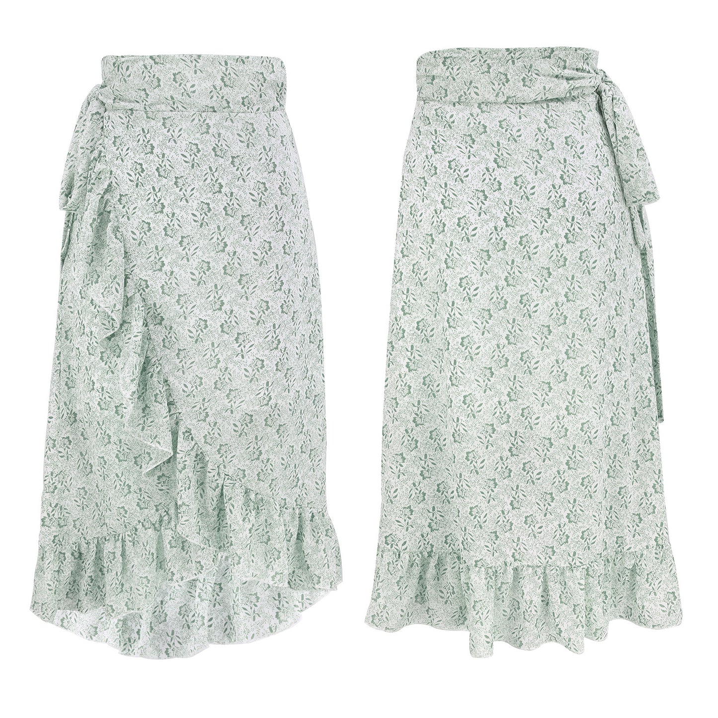 Jupe Longue Femme Taille Haute Mode Noire Nouée Enveloppante Fleurie Volants Mousseline de Soie Coupe Évasée Fendue Vêtements Printemps-Été