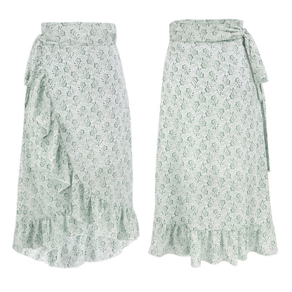 Jupe Longue Femme Taille Haute Mode Noire Nouée Enveloppante Fleurie Volants Mousseline de Soie Coupe Évasée Fendue Vêtements Printemps-Été