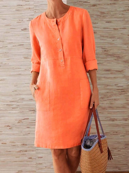 Robe longue à manches longues et col rond en coton et lin pour femmes grandes tailles