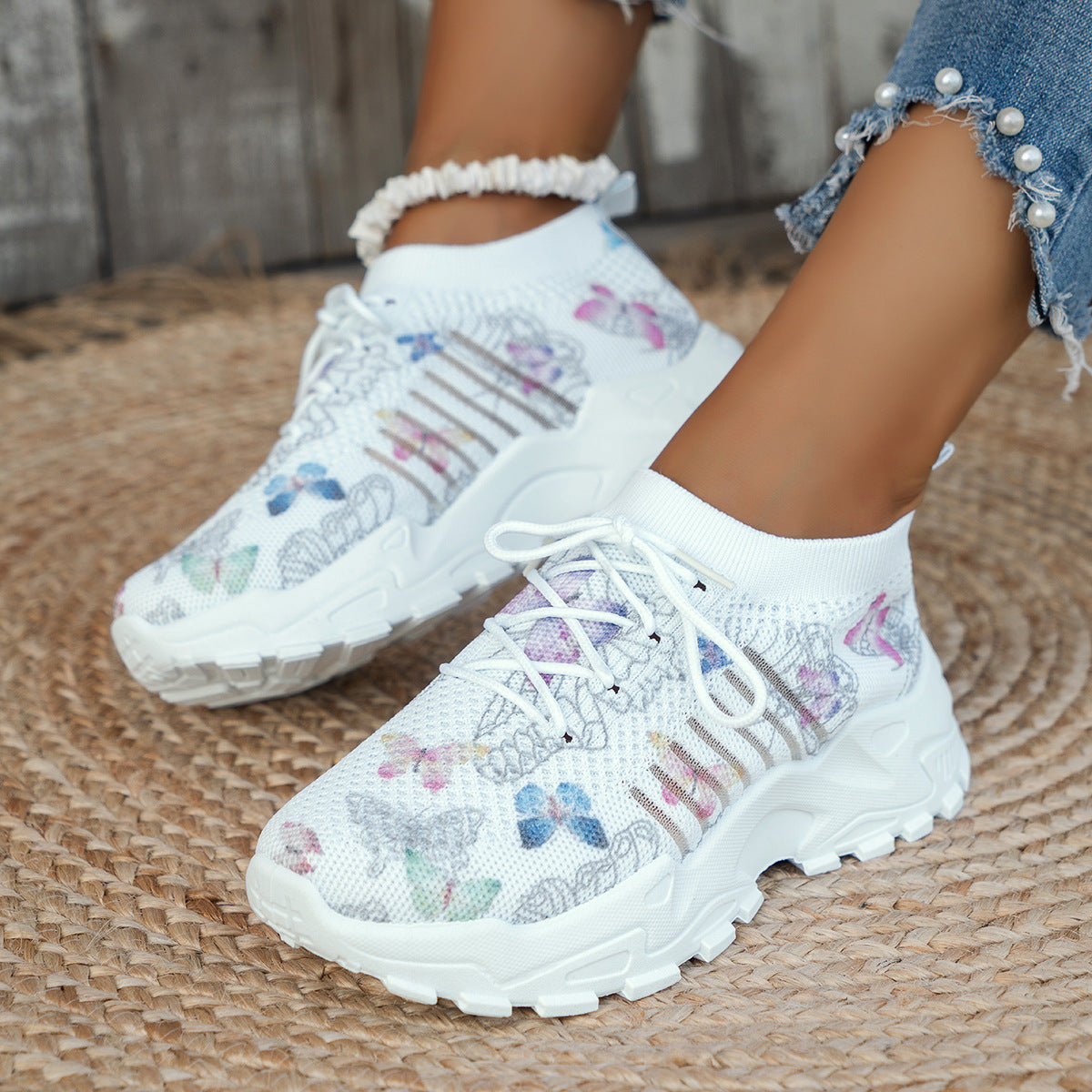 Baskets en maille imprimé papillon pour femmes, chaussures plates décontractées, mode course, jogging, marche, chaussures de sport
