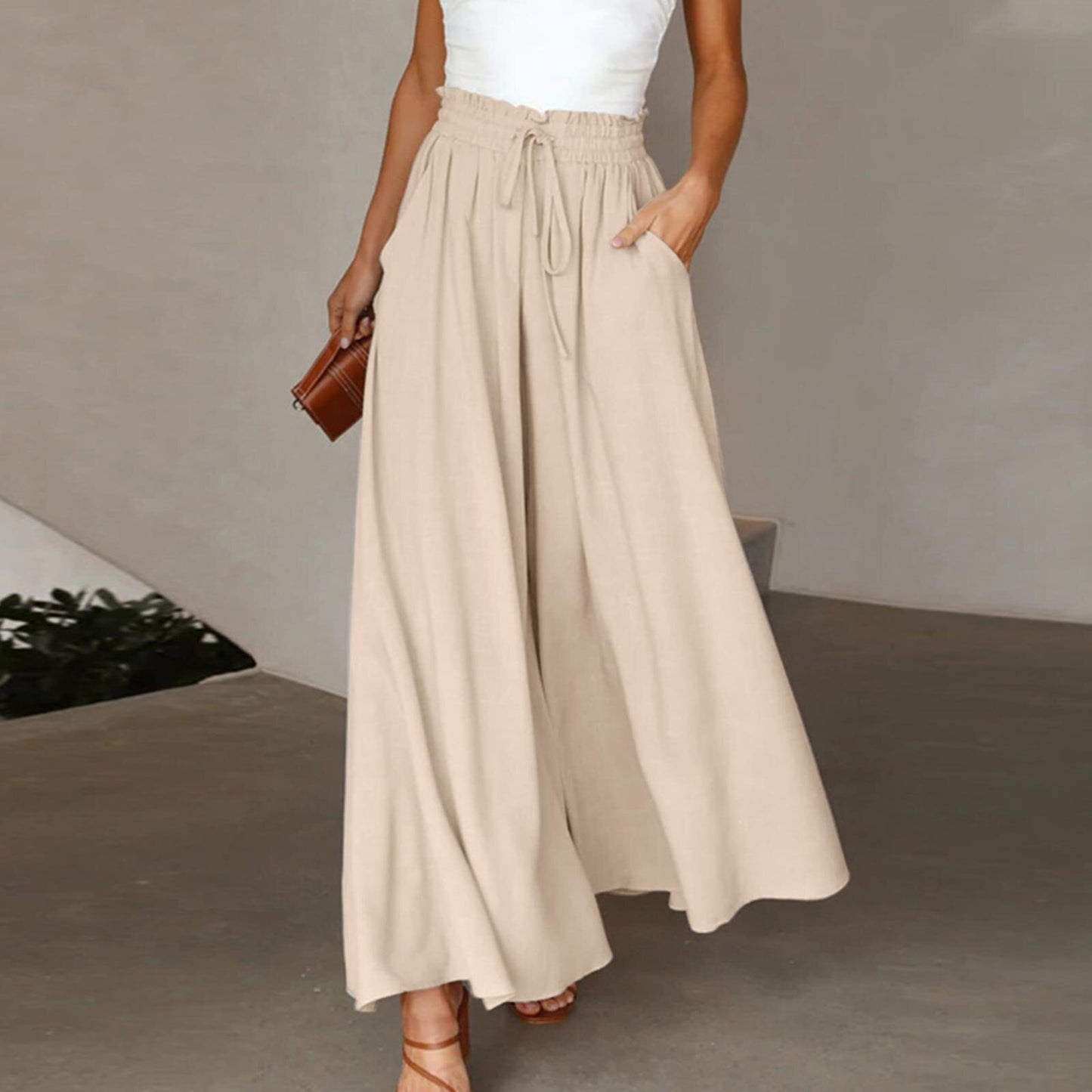 Pantalon long taille haute et large pour femme avec ceinture élastique