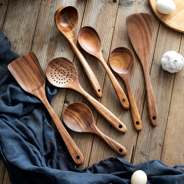Espátula Utensilios de cocina Juego de pala con cabeza de teca para ensalada, sopa, pasta, cuchara de cocina