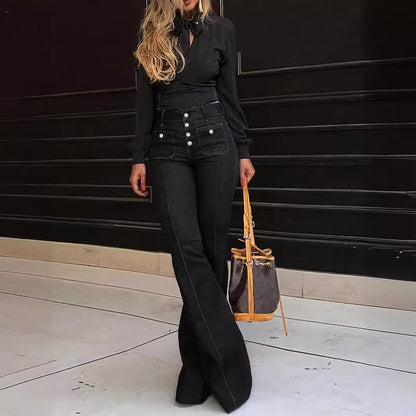 Pantalones vaqueros de mujer patchwork ajustados que adelgazan elásticos acampanados