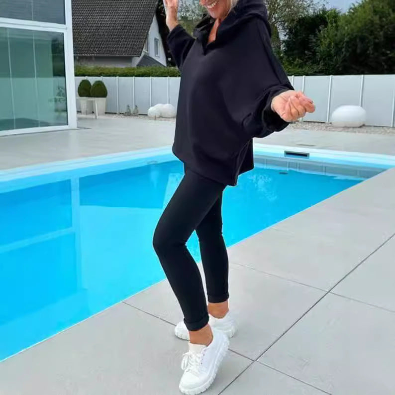 Conjunto de dos piezas de sudadera con capucha de color liso para mujer