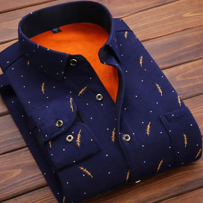 Mens fleece-lined navy plaid flannel shirt with orange inner lining and leaf motifs