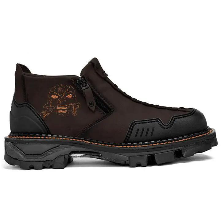 Luma men's black leather skull Martin boots with orange contrast stitching and rugged outsole
