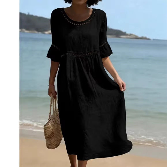 Elegant Casual Crew-Neck Three-Quarter-Sleeve Solid-Color Dress