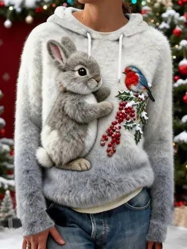 Womens Flannel Christmas Crew-Neck Long-Sleeve Top plush grey knit with bunny and cardinal holly embroidery
