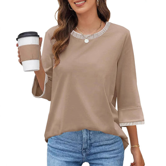 Top de mujer de cuello redondo con hilo de color contrastante y color liso