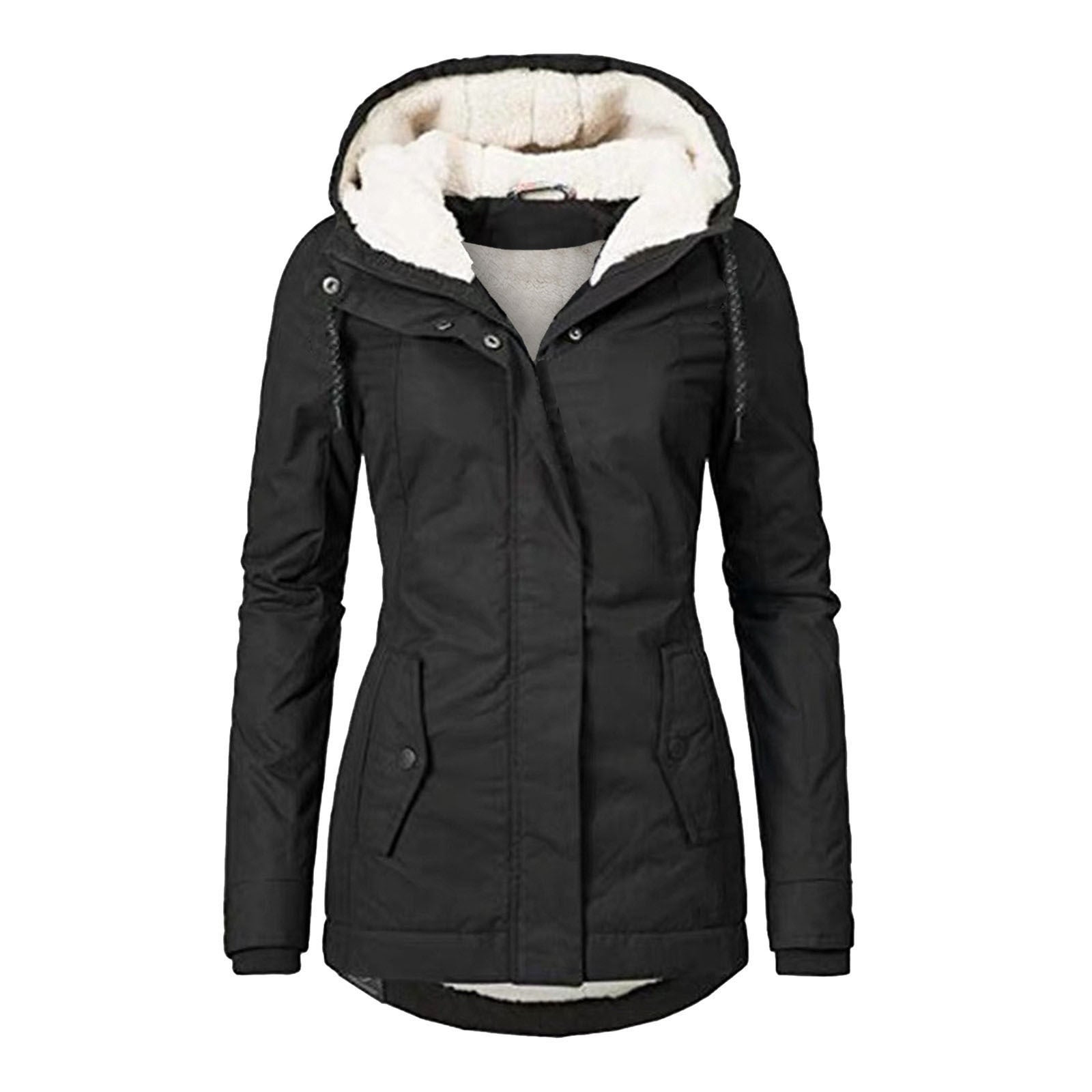 Chaqueta con Capucha de Invierno Color Sólido Cálida con Hebilla y Cremallera de Lana con Bolsillos Chaqueta Casual para Mujer