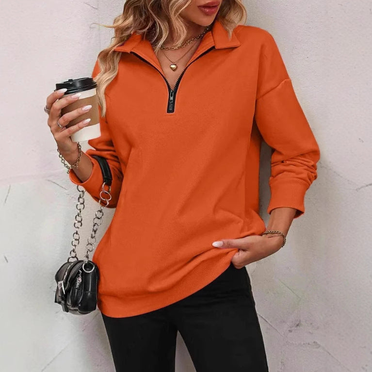Sweat-shirt zippé mi-manches pour femmes, pull à la mode