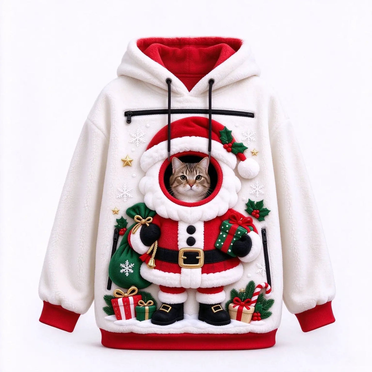 Pet Christmas 3D Hooded Pullover Sweatshirt, white fleece with Santa motif and cat peeking through circle opening, AdTec
