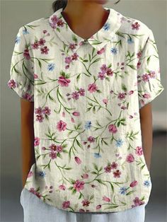 T-shirt à manches courtes style rétro fleuri mignon