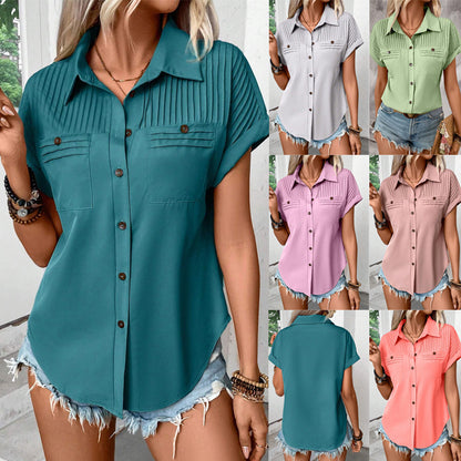 Haut chemise T-shirt à manches courtes, revers plissé aux épaules, avec poche, pour femme
