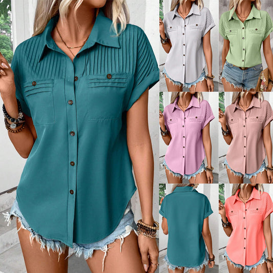 Camiseta de mujer con solapa en el hombro, pliegues y bolsillos, de manga corta