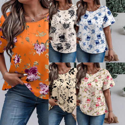 Cuello Redondo Manga Costura Pliegues Estampado Manga Corta Informal