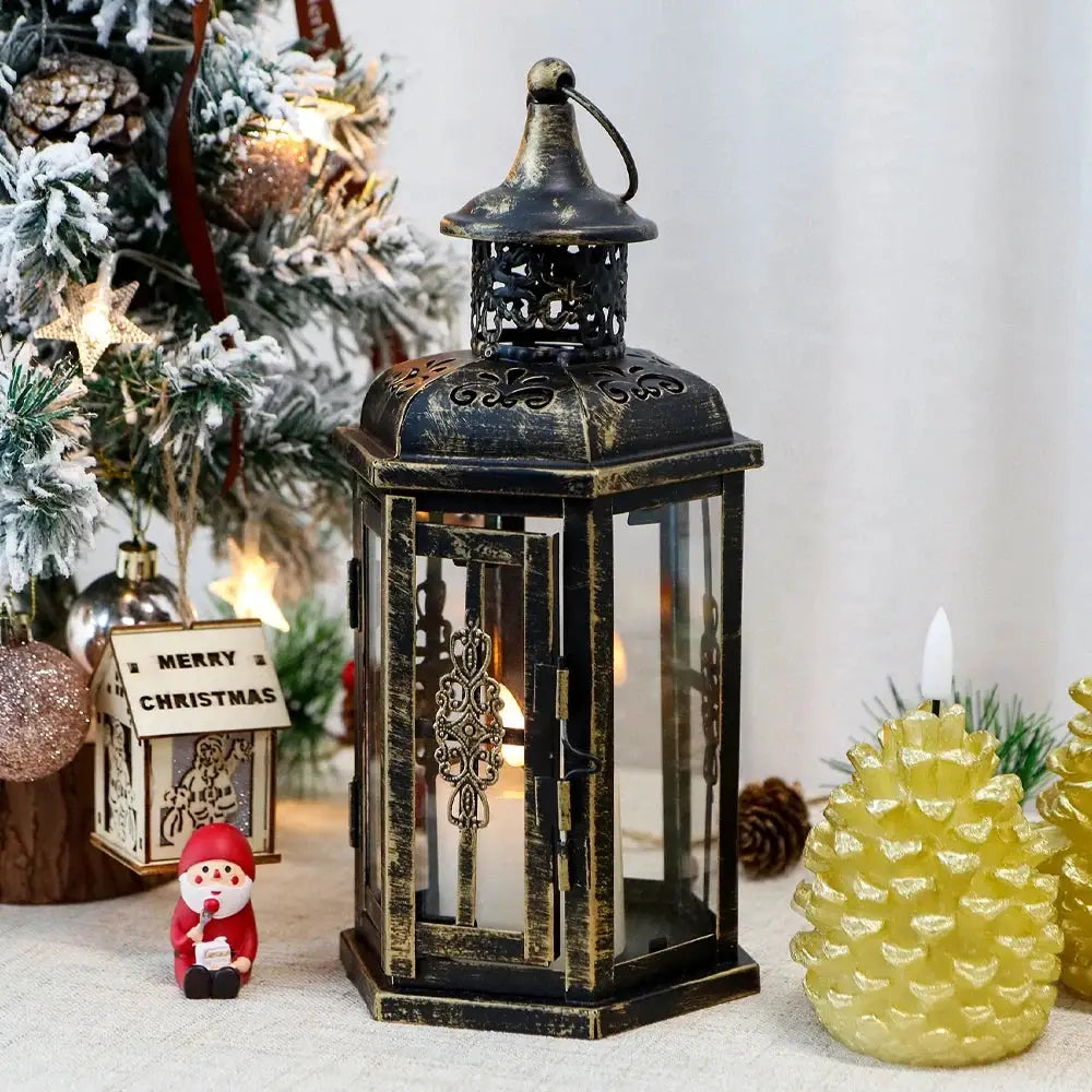 Decorative candle lantern, 10-inch, distressed black metal with glass panels by JHY DESIGN