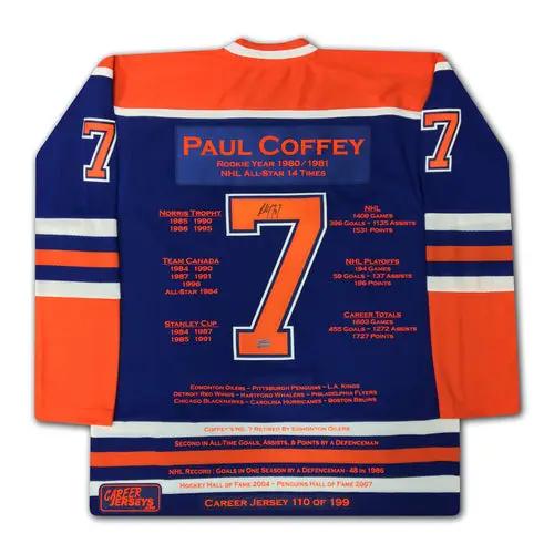 Paul Coffey career jersey, blue and orange, autographed LTD ED 199