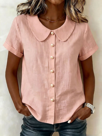 Womens Solid-Colored Short-Sleeve Casual Loose Cotton-Linen Shirt