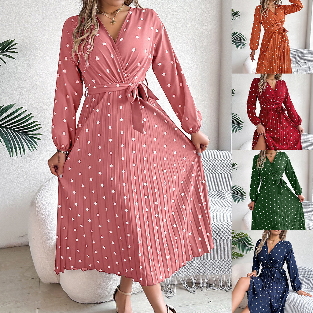 Vestido largo elegante primavera-verano con cuello en V cruzado, lunares en contraste, manga larga y plisado, para damas de honor