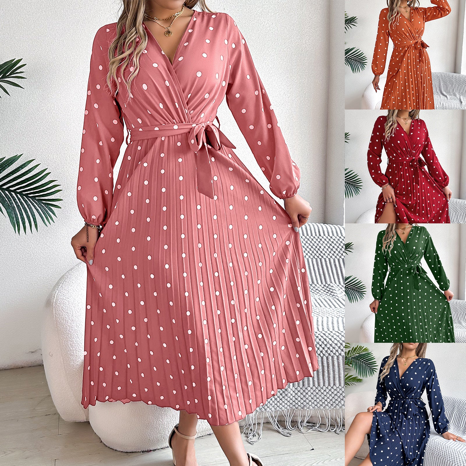 Vestido largo elegante primavera-verano con cuello en V cruzado, lunares en contraste, manga larga y plisado, para damas de honor