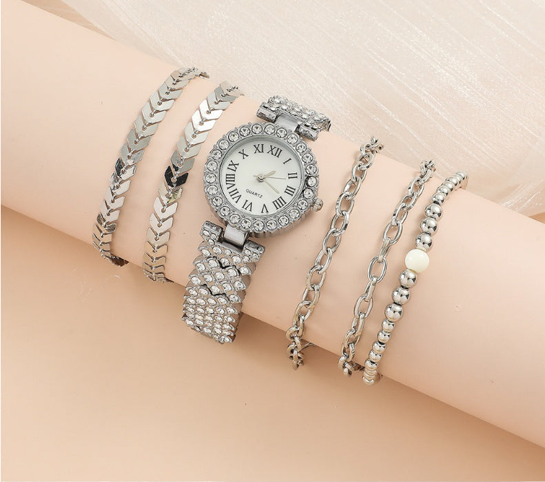 Reloj de pulsera de diamante para mujer, de lujo, a la moda, con caja de regalo, pulsera de reloj, juego de seis piezas