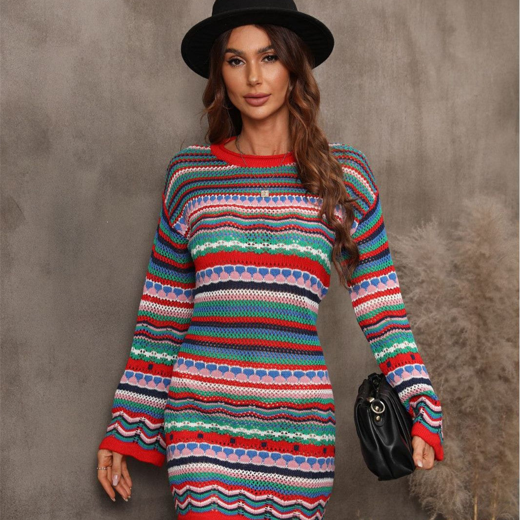 Robe en maille patchwork ajourée pour femme