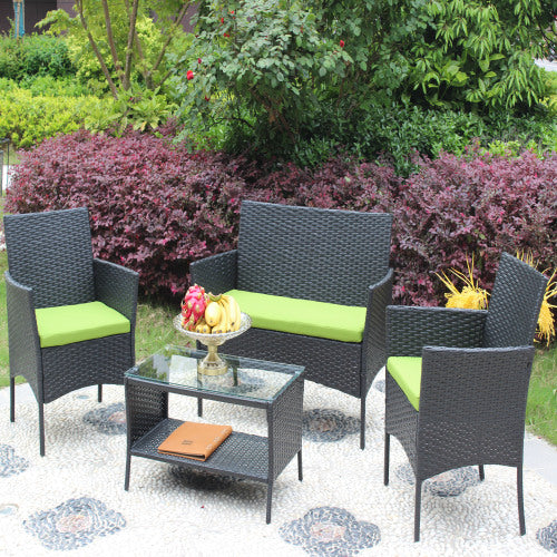 Juego de muebles de patio de ratán de 4 piezas con cojín, sofá de mimbre, cojín verde