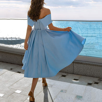 Robe de Soirée Formelle en Satin pour Femme sans Bretelles, Coupe Décontractée, Longueur Thé, Épaules Dénudées, avec Poches